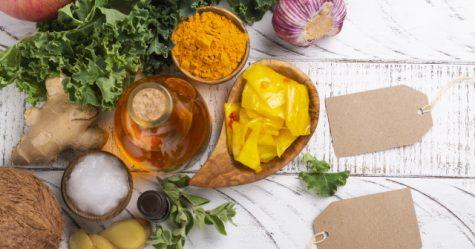 Candida diet food. Assortment of food that fights candida. Copy space